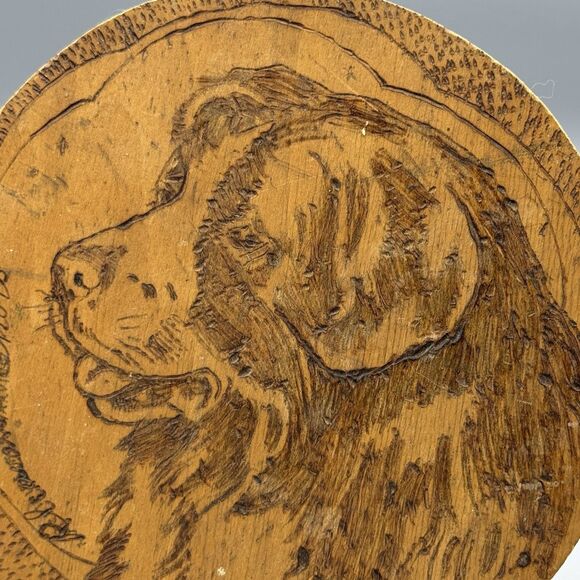 Vtg Pyrography Wood Burning Art Plaque Flemish Art Co Rd Newfoundland Dog Head - Picture 3 of 10